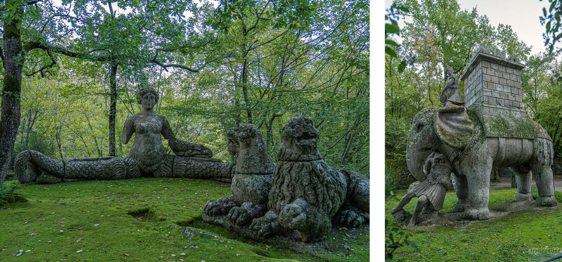 Syrenka Echidna z dwoma lwami, słoń Hannibala miażdżący rzymskiego legionistę, Park Bomarzo