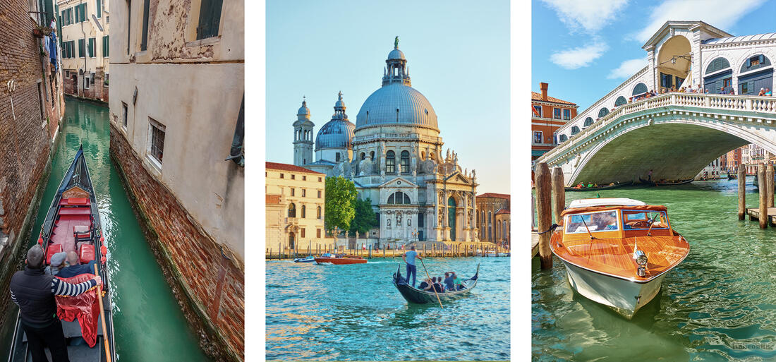 Gondolier w wąskiej uliczce, gondola przed kościołem Santa Maria della Salute, taksówka wodna zaparkowana przed mostem Rialto, Wenecja